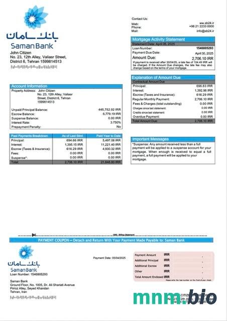 Iran Bank Saman wyciąg z kredytu hipotecznego szablon Word i PDF